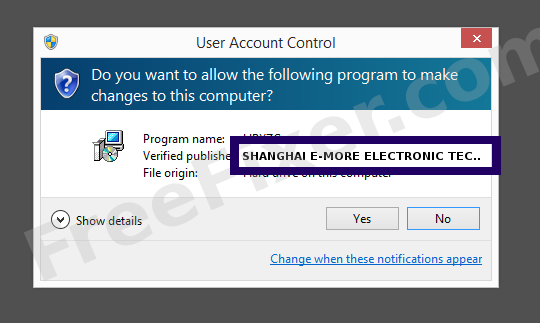 Screenshot where SHANGHAI E-MORE ELECTRONIC TECHNOLOGY CO., LTD appears as the verified publisher in the UAC dialog